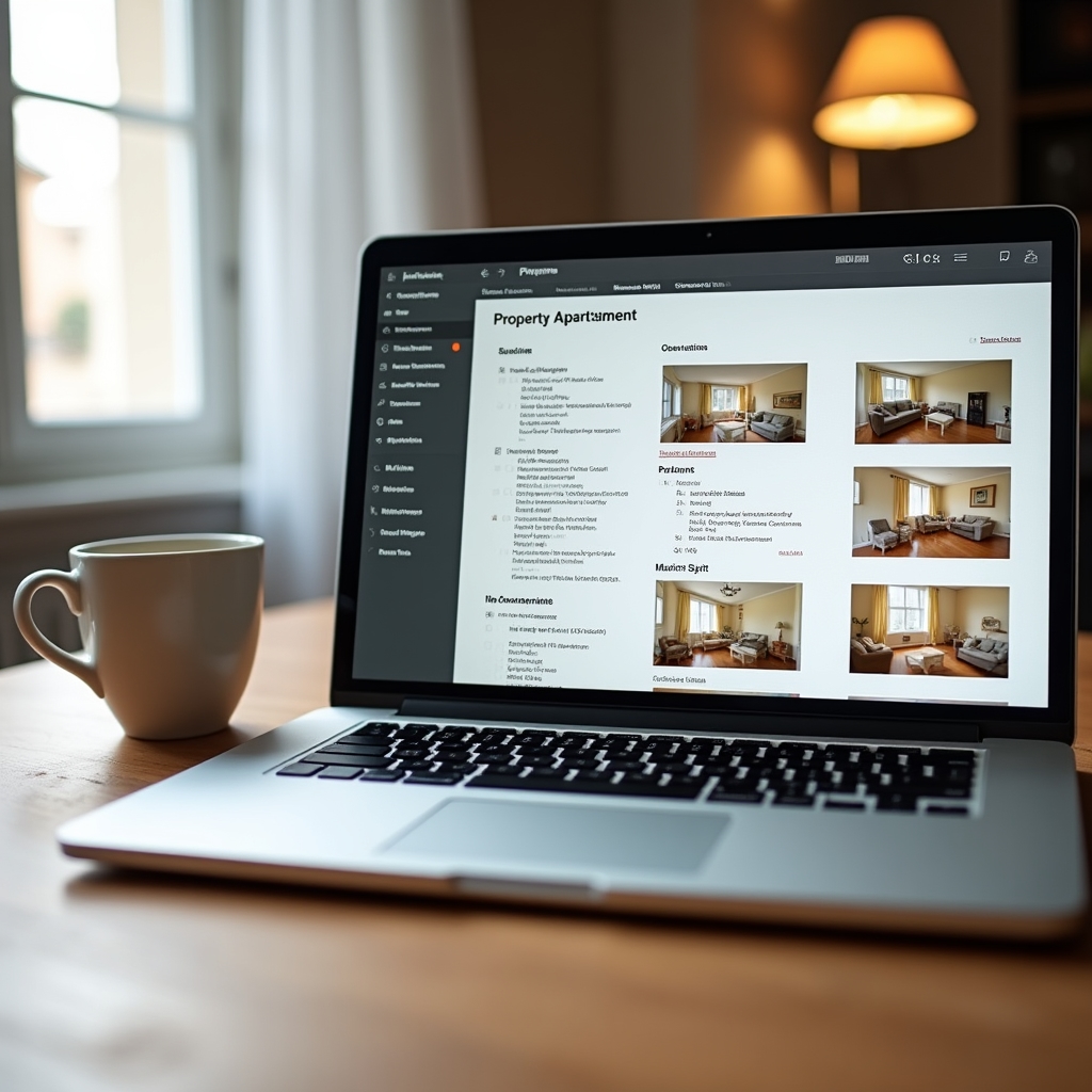 Schermo con report digitale di gestione immobiliare, documenti e fotografie dell'immobile
